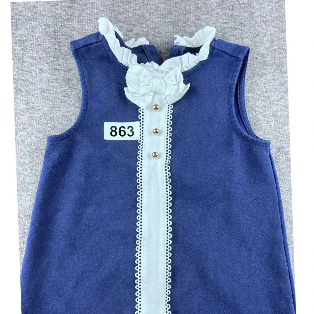 Janie and Jack Blue White Button Front Dress Girls Size 5 Ruffle Collar Bow - Picture 6 of 6